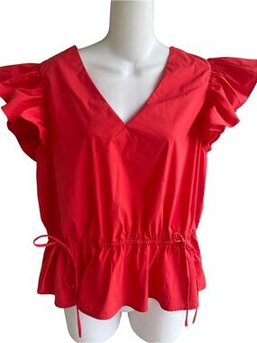 Marc New York Red Peplum Top Blouse Cap Ruffle Sleeves V-Neck Woman's Large